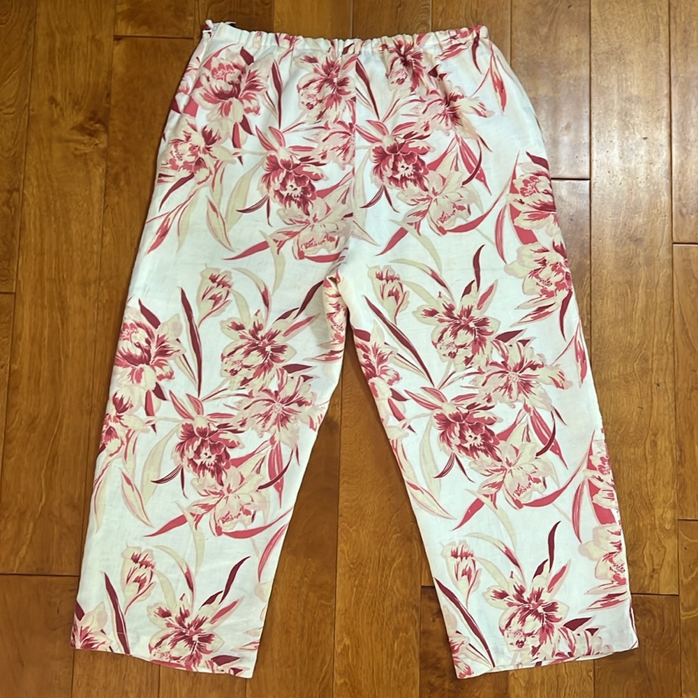 Amanda Smith 100% Linen Floral Wide Leg Pants Size L Boho Resort Travel Coastal - Picture 9 of 12